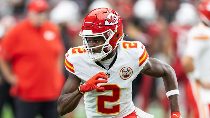 Aug 9, 2025; Glendale, Arizona, USA; Kansas City Chiefs wide receiver Tyquan Thornton (2) against the Arizona Cardinals during a preseason NFL game at State Farm Stadium. Mandatory Credit: Mark J. Rebilas-Imagn Images
