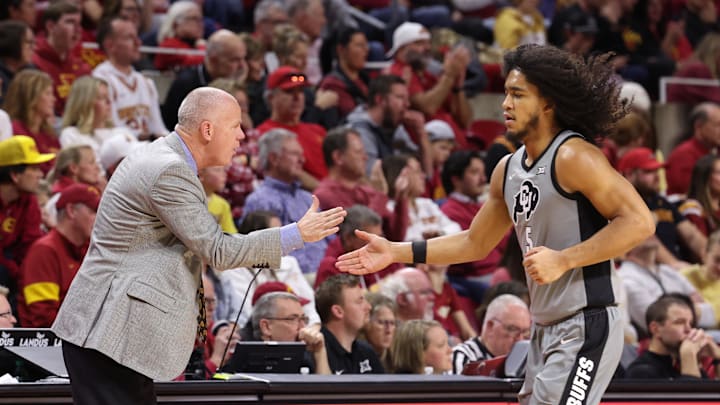 Jan 29, 2026; Ames, Iowa, USA; Colorado Buffaloes head coach Tad Boyle talks with Colorado Buffaloes guard Josiah Sanders (5) coming off the court in their game with the  Iowa State Cyclones during the second half at James H. Hilton Coliseum. Mandatory Credit: Reese Strickland-Imagn Images
