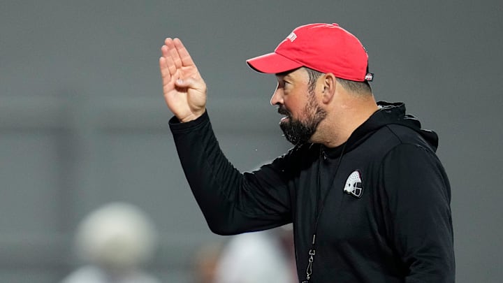 Ohio State Buckeyes head coach Ryan Day motions during the first day of spring workouts for the 2026 football season at Woody Hayes Athletic Complex in Columbus on March 10, 2026.