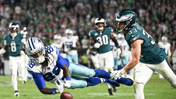 Dallas Cowboys wide receiver CeeDee Lamb is unable to make a reception defended by Philadelphia Eagles cornerback Cooper DeJean