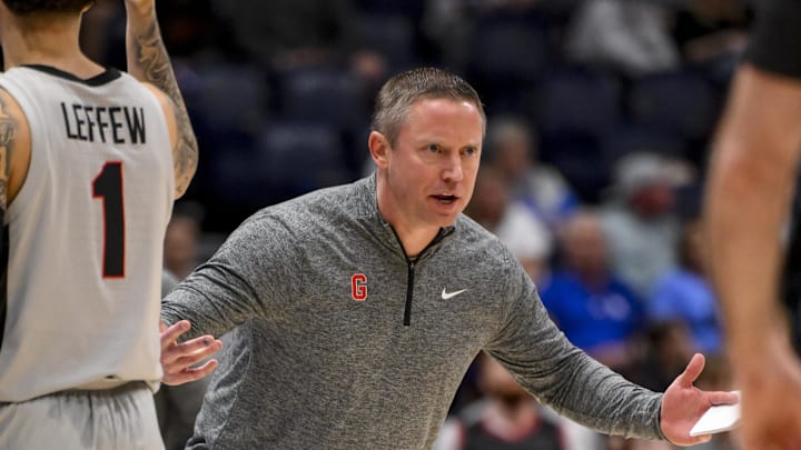 Mar 12, 2025; Nashville, TN, USA;  Georgia Bulldogs head coach Mike White reacts to a called foul against the Oklahoma Sooners during the second half at Bridgestone Arena. Mandatory Credit: Steve Roberts-Imagn Images