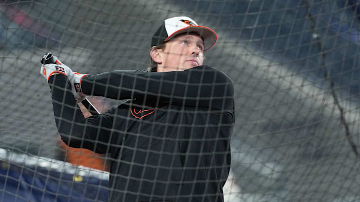 Mar 28, 2025; Toronto, Ontario, CAN; Baltimore Orioles catcher Adley Rutschman (35) takes batting practice before a game against the Toronto Blue Jays at Rogers Centre.