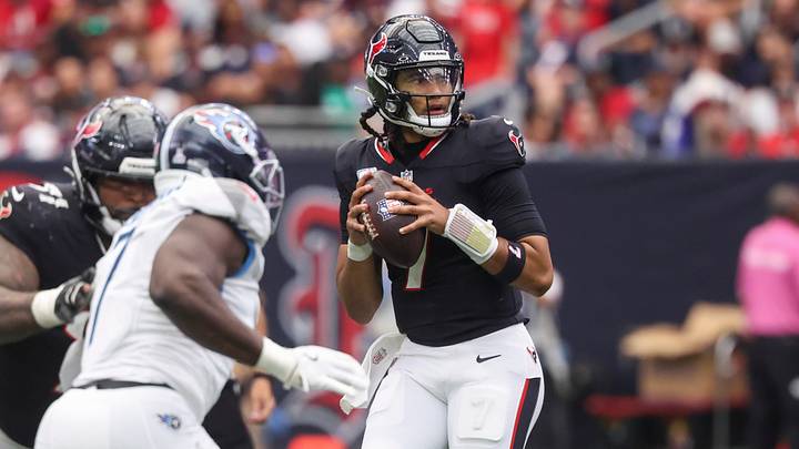 Sep 28, 2025; Houston, Texas, USA; Houston Texans quarterback CJ. Stroud (7) looks for an open receiver during the fourth quarter against the Tennessee Titans at NRG Stadium. Mandatory Credit: Troy Taormina-Imagn Images Sep 28, 2025; Houston, Texas, USA; Houston Texans quarterback CJ. Stroud (7) looks for an open receiver during the fourth quarter against the Tennessee Titans at NRG Stadium. Mandatory Credit: Troy Taormina-Imagn Images
