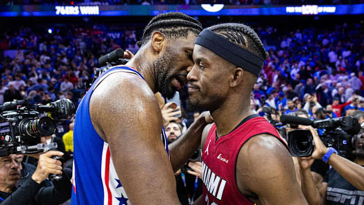 Apr 17, 2024; Philadelphia, Pennsylvania, USA; Philadelphia 76ers center Joel Embiid (21) hugs Miami