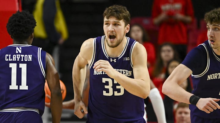 Feb 28, 2024; College Park, Maryland, USA;  Northwestern Wildcats forward Luke Hunger (33) reacts