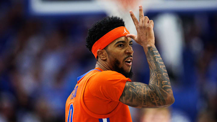 Mar 7, 2026; Lexington, Kentucky, USA; Florida Gators guard Boogie Fland (0) celebrates a three point basket during the second half against the Kentucky Wildcats at Rupp Arena at Central Bank Center. Mandatory Credit: Jordan Prather-Imagn Images Mar 7, 2026; Lexington, Kentucky, USA; Florida Gators guard Boogie Fland (0) celebrates a three point basket during the second half against the Kentucky Wildcats at Rupp Arena at Central Bank Center. Mandatory Credit: Jordan Prather-Imagn Images