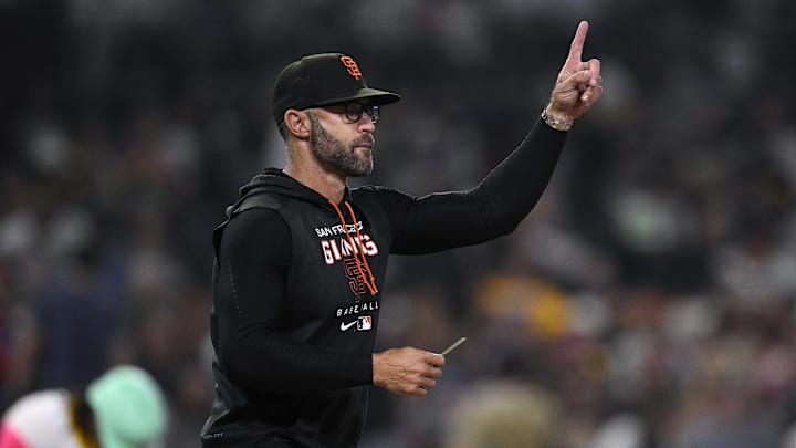Sep 1, 2023; San Diego, California, USA; San Francisco Giants manager Gabe Kapler gestures while