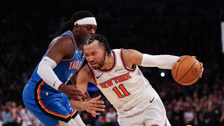 Mar 4, 2026; New York, New York, USA; New York Knicks guard Jalen Brunson (11) before the game against Oklahoma City Thunder guard Luguentz Dort (5) during the second half at Madison Square Garden. Mandatory Credit: Vincent Carchietta-Imagn Images