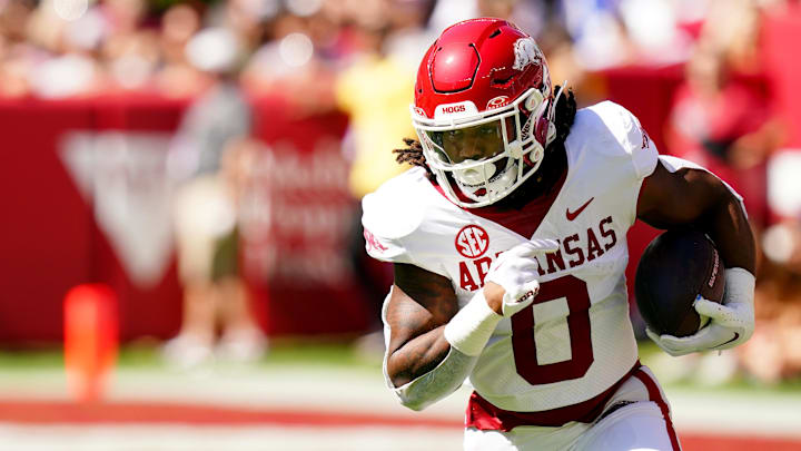 Oct 14, 2023; Tuscaloosa, Alabama, USA; Arkansas Razorbacks running back AJ Green (0) carries the ball against the Alabama Crimson Tide during the second half at Bryant-Denny Stadium. Mandatory Credit: John David Mercer-Imagn Images Oct 14, 2023; Tuscaloosa, Alabama, USA; Arkansas Razorbacks running back AJ Green (0) carries the ball against the Alabama Crimson Tide during the second half at Bryant-Denny Stadium. Mandatory Credit: John David Mercer-Imagn Images