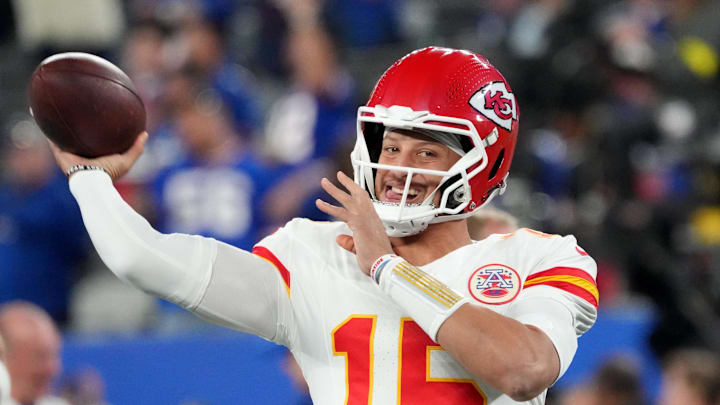 Sep 21, 2025; East Rutherford, New Jersey, USA; Kansas City Chiefs quarterback Patrick Mahomes (15) warms up before the game against the New York Giants at MetLife Stadium. Mandatory Credit: Robert Deutsch-Imagn Images