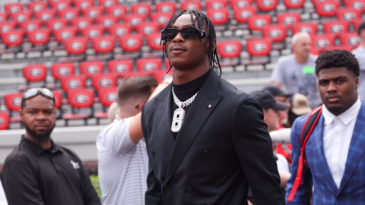 Oct 18, 2025; Athens, Georgia, USA; Georgia Bulldogs wide receiver Colbie Young (8) walks into Sanford Stadium before a game against the Mississippi Rebels. Mandatory Credit: Brett Davis-Imagn Images
