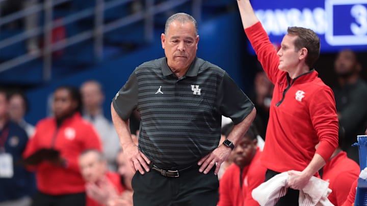 Houston Cougars head coach Kelvin Sampson looks back during the game inside Allen Fieldhouse on Monday, Feb. 23, 2026.