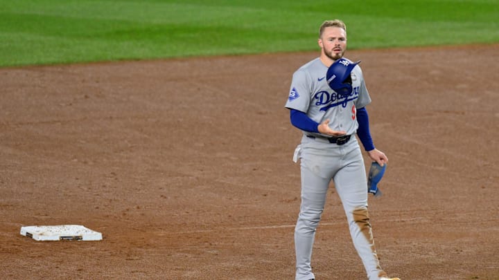 Oct 29, 2024; New York, New York, USA; Los Angeles Dodgers second baseman Gavin Lux (9) reacts after being caught in a double play during the second inning against the New York Yankees in game four of the 2024 MLB World Series at Yankee Stadium. Mandatory Credit: John Jones-Imagn Images