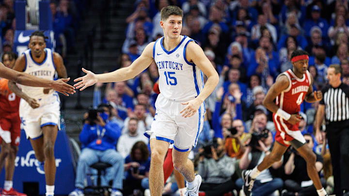 Mar 2, 2024; Lexington, Kentucky, USA; Kentucky Wildcats guard Reed Sheppard (15) celebrates after a made basket during the first half against the Arkansas Razorbacks at Rupp Arena at Central Bank Center. Mandatory Credit: Jordan Prather-USA TODAY Sports