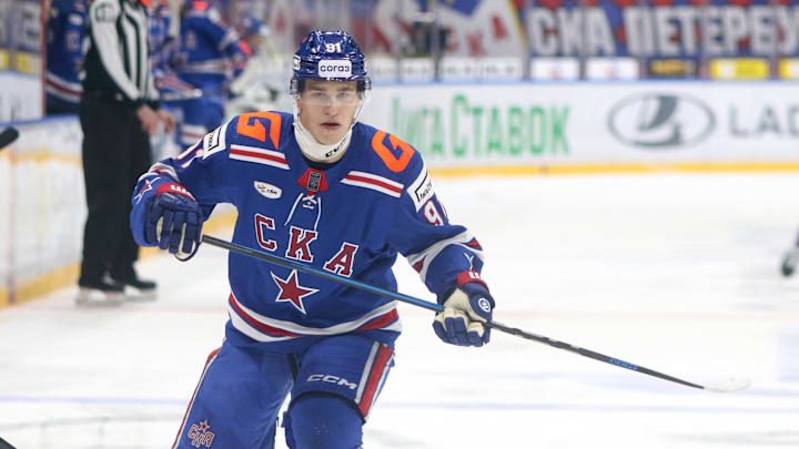 Ivan Demidov (91) SKA Hockey Club seen in action during the...