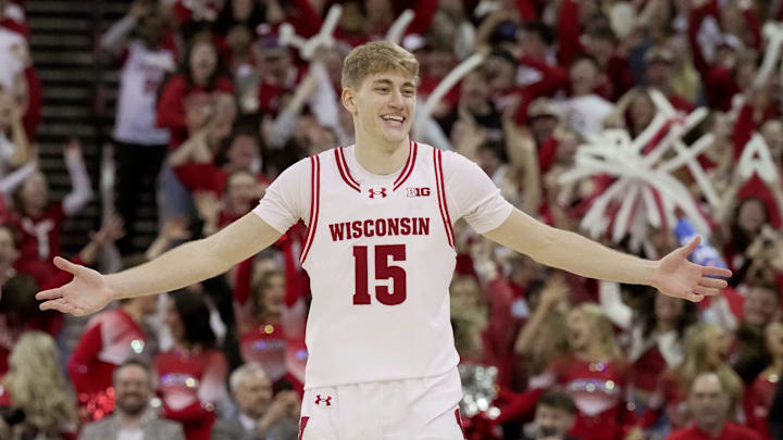 Wisconsin guard Isaac Gard (15) reacts after hitting a three-point basket during the second half of their game Wednesday, March 4, 2026 at the Kohl Center in Madison, Wisconsin. Wisconsin beat Maryland 78-45.