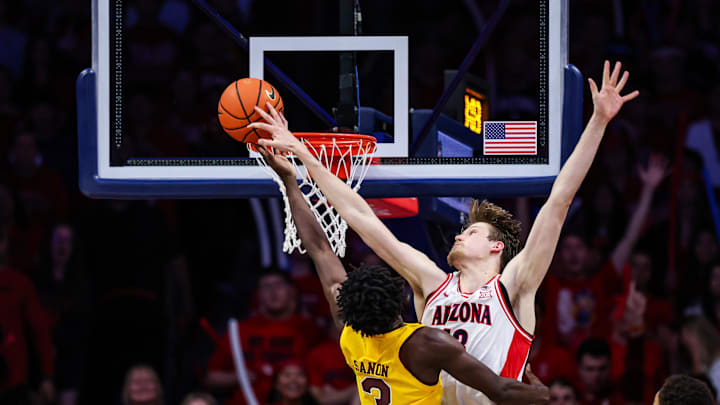Mar 4, 2025; Tucson, Arizona, USA; Arizona Wildcats forward Henri Veesaar (13) blocks Arizona State Sun Devils guard Joson Sanon (3) during the second half at McKale Center. Mandatory Credit: Aryanna Frank-Imagn Images