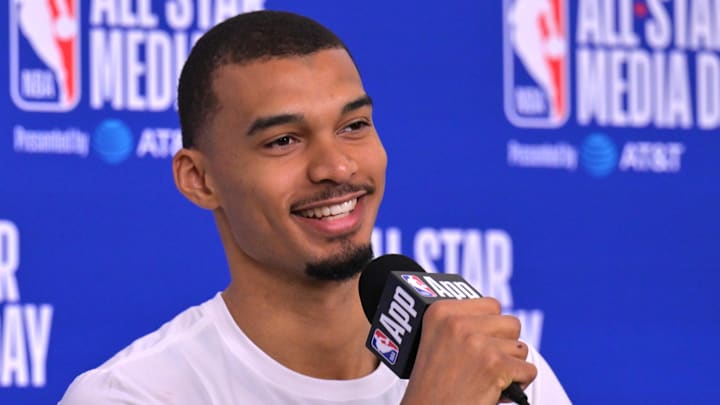 Feb 14, 2026; Los Angeles, CA, USA; 	Team World center Victor Wembanyama (1) of the San Antonio Spurs during a news conference for the NBA All Star game at Intuit Dome. Mandatory Credit: Jayne Kamin-Oncea-Imagn Images