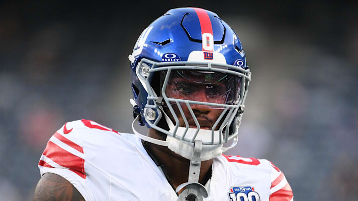 Aug 24, 2024; East Rutherford, New Jersey, USA; New York Giants linebacker Brian Burns (0) looks on prior to the game against the New York Jets at MetLife Stadium. Mandatory Credit: Rich Barnes-Imagn Images