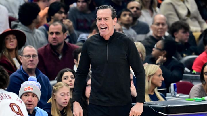 Jan 10, 2026; Cleveland, Ohio, USA; Cleveland Cavaliers head coach Kenny Atkinson reacts against the Minnesota Timberwolves during the first half at Rocket Arena. Mandatory Credit: Ken Blaze-Imagn Images