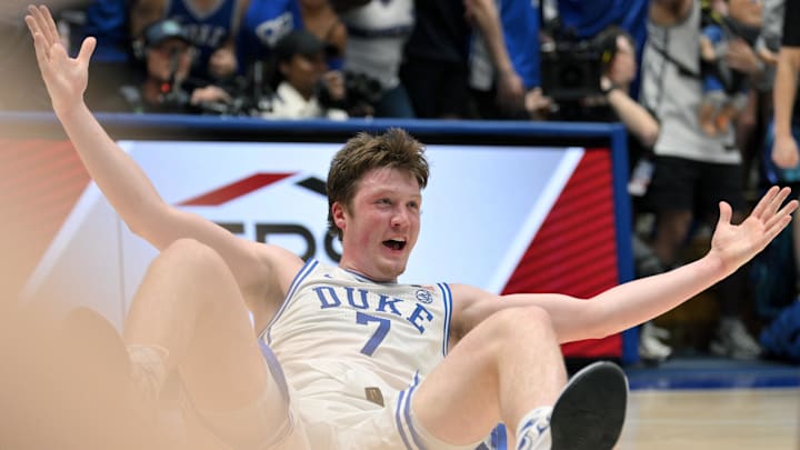 Mar 1, 2025; Durham, North Carolina, USA; Duke Blue Devils swingman Kon Knueppel (7) reacts during the second half against the Florida State Seminoles at Cameron Indoor Stadium. Blue Devils won 100-65. Mandatory Credit: Zachary Taft-Imagn Images Mar 1, 2025; Durham, North Carolina, USA; Duke Blue Devils swingman Kon Knueppel (7) reacts during the second half against the Florida State Seminoles at Cameron Indoor Stadium. Blue Devils won 100-65. Mandatory Credit: Zachary Taft-Imagn Images