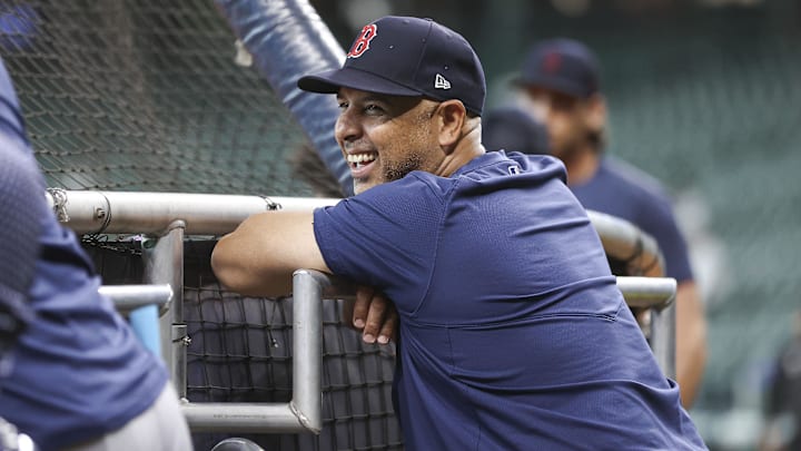 Aug 22, 2023; Houston, Texas, USA; Boston Red Sox manager Alex Cora (13) laughs before the game against the Houston Astros at Minute Maid Park. Mandatory Credit: Troy Taormina-Imagn Images