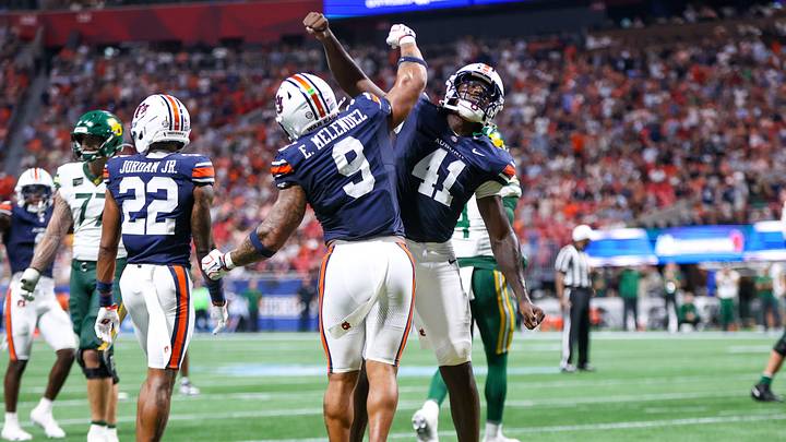 Sep 5, 2026; Atlanta, Georgia, USA; Auburn Tigers linebacker Elijah Melendez (9) and defensive end Jared Smith (41) celebrate after a play against the Baylor Bears in the fourth quarter at Mercedes-Benz Stadium. Mandatory Credit: Brett Davis-Imagn Images