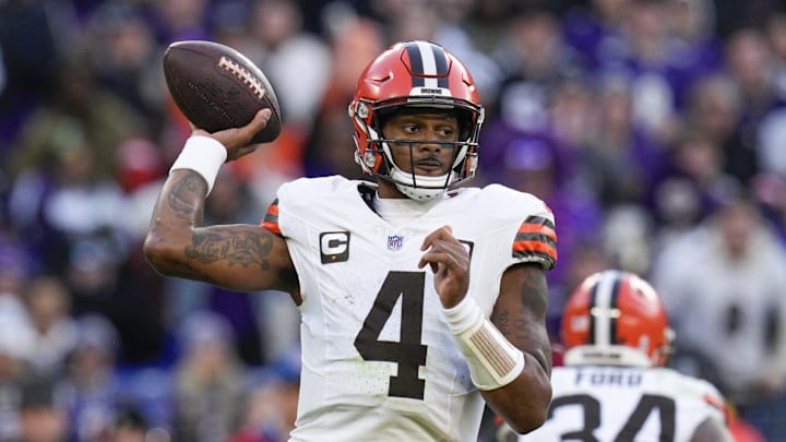 Nov 12, 2023; Baltimore, Maryland, USA;  Cleveland Browns quarterback Deshaun Watson (4) passes