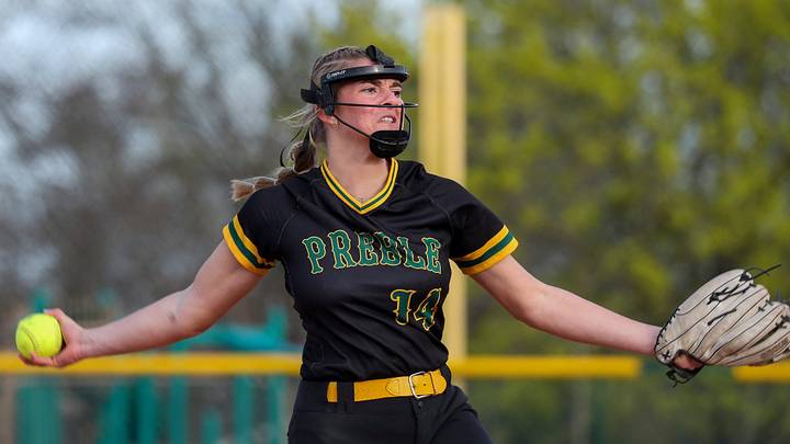Green Bay Preble High School's Tenley Kuehn (14) pitches against Ashwaubenon High School on Tuesday, April 28, 2026.