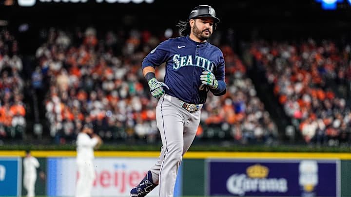 Eugenio Suárez of Seattle Mariners runs bases after home run against Eugenio Suárez of Seattle Mariners runs bases after home run against