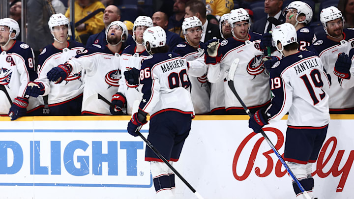 The Blue Jackets celebrate a goal in Nashville last season. 