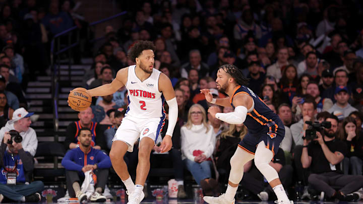 Feb 26, 2024; New York, New York, USA; Detroit Pistons guard Cade Cunningham (2) controls the ball against New York Knicks guard Jalen Brunson (11) during the fourth quarter at Madison Square Garden. Mandatory Credit: Brad Penner-Imagn Images Feb 26, 2024; New York, New York, USA; Detroit Pistons guard Cade Cunningham (2) controls the ball against New York Knicks guard Jalen Brunson (11) during the fourth quarter at Madison Square Garden. Mandatory Credit: Brad Penner-Imagn Images