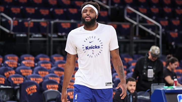 New York Knicks center Mitchell Robinson warms up prior to game three of the second round for the NBA Playoffs. New York Knicks center Mitchell Robinson warms up prior to game three of the second round for the NBA Playoffs.