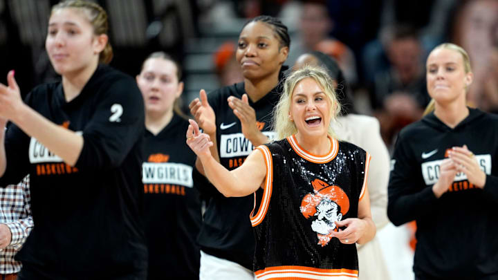 Oklahoma State coach Jacie Hoyt celebrates during a women's college basketball game between the Oklahoma State Cowgirls (OSU) and the Houston Cougars at Gallagher-Iba Arena in Stillwater, Saturday, Jan. 3, 2026. Oklahoma State won 83-52.