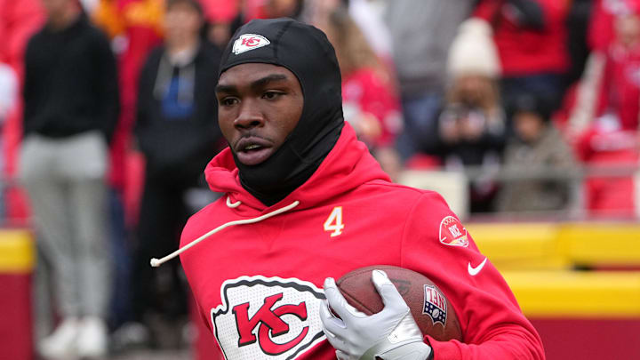 Nov 23, 2025; Kansas City, Missouri, USA; Kansas City Chiefs wide receiver Rashee Rice (4) warms up before the game against the Indianapolis Colts at GEHA Field at Arrowhead Stadium. Mandatory Credit: Denny Medley-Imagn Images
