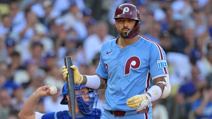 Oct 9, 2025; Los Angeles, California, USA; Philadelphia Phillies right fielder Nick Castellanos (8) reacts after striking out in the fifth inning against the Los Angeles Dodgers during game four of the NLDS round for the 2025 MLB playoffs at Dodger Stadium. 
