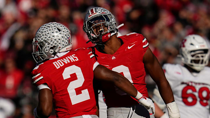 Ohio State Buckeyes linebacker Sonny Styles (0) celebrates a sack by linebacker Sonny Styles (0) during the NCAA football game against the Rutgers Scarlet Knights at Ohio Stadium in Columbus on Nov. 22, 2025. Ohio State won 42-9.