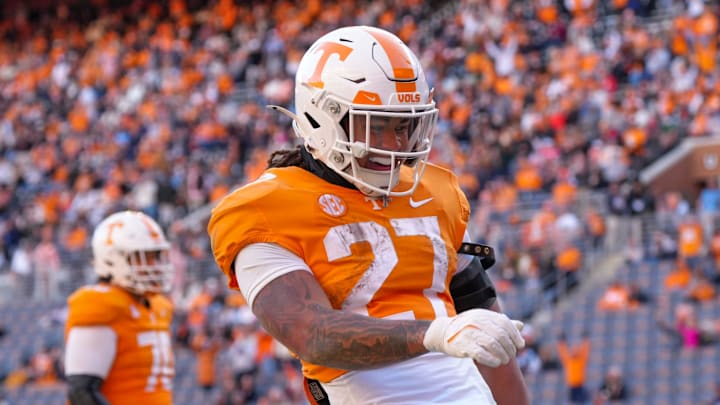 Tennessee running back Peyton Lewis (27) dances after scoring a touchdown during a NCAA football game between Tennessee and UTEP in Neyland Stadium on Saturday, November 23, 2024.