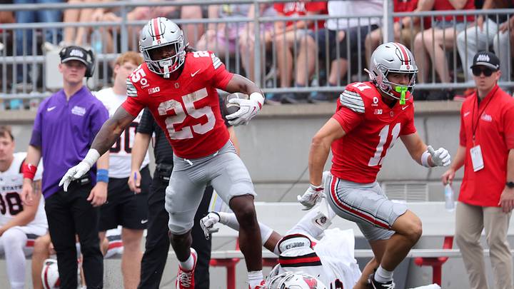 Sep 5, 2026; Columbus, Ohio, USA; Ohio State Buckeyes running back Bo Jackson (25) breaks a tackle as he scores a touchdown on a long run during the third quarter against the Ball State Cardinals at Ohio Stadium. Mandatory Credit: Joseph Maiorana-Imagn Images Sep 5, 2026; Columbus, Ohio, USA; Ohio State Buckeyes running back Bo Jackson (25) breaks a tackle as he scores a touchdown on a long run during the third quarter against the Ball State Cardinals at Ohio Stadium. Mandatory Credit: Joseph Maiorana-Imagn Images