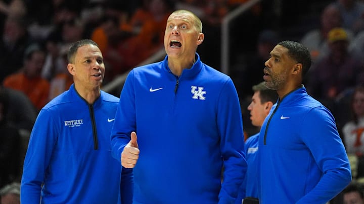 Kentucky basketball coach Mark Pope yells on the sidelines during a NCAA basketball game between the Tennessee Volunteers and Kentucky Wildcats at Thompson-Boling Arena at Food City Center in Knoxville, Tenn., on Jan. 17, 2026.