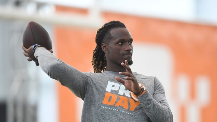 Joe Milton throws a pass at Tennessee Pro-Day in Knoxville, Tenn., Wednesday, March 27, 2024.