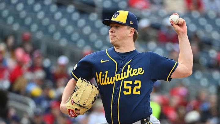 May 2, 2026; Washington, District of Columbia, USA; Milwaukee Brewers pitcher Kyle Harrison (52) throw to the Washington Nationals during the first inning at Nationals Park. Mandatory Credit: Brad Mills-Imagn Images