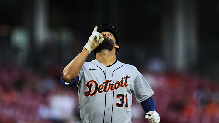 Apr 24, 2026; Cincinnati, Ohio, USA; Detroit Tigers outfielder Riley Greene (31) reacts after hitting a solo home run in the second inning against the Cincinnati Reds at Great American Ball Park. Mandatory Credit: Katie Stratman-Imagn Images