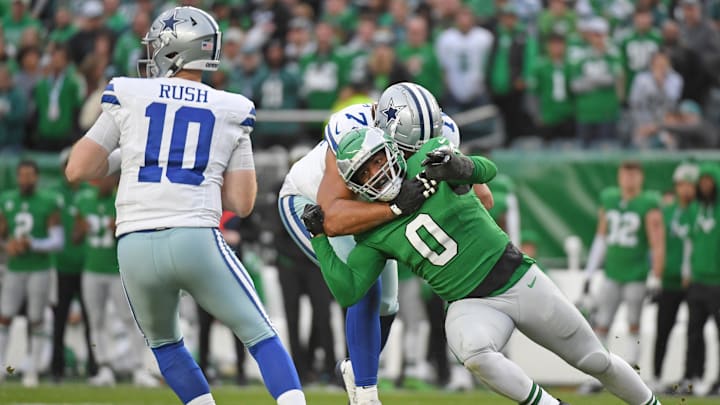 Dec 29, 2024; Philadelphia, Pennsylvania, USA; Philadelphia Eagles defensive end Bryce Huff (0) is blocked by Dallas Cowboys offensive tackle Terence Steele (78) tas he tries to rush the quarterback at Lincoln Financial Field. Mandatory Credit: Eric Hartline-Imagn Images