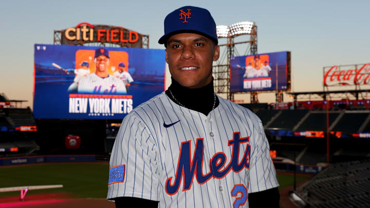 Dec 12, 2024; Flushing, NY, USA; New York Mets right fielder Juan Soto poses for photos during a press conference at Citi Field. Mandatory Credit: Brad Penner-Imagn Images