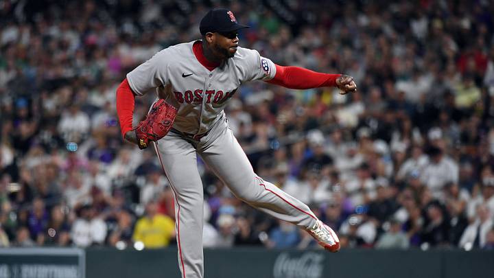 Jun 22, 2026; Denver, Colorado, USA; Boston Red Sox pitcher Aroldis Chapman (44) pitches in the ninth inning against the Colorado Rockies at Coors Field. Mandatory Credit: Christopher Hanewinckel-Imagn Images Jun 22, 2026; Denver, Colorado, USA; Boston Red Sox pitcher Aroldis Chapman (44) pitches in the ninth inning against the Colorado Rockies at Coors Field. Mandatory Credit: Christopher Hanewinckel-Imagn Images