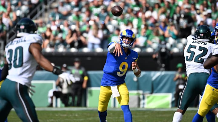 Sep 21, 2025; Philadelphia, Pennsylvania, USA; Los Angeles Rams quarterback Matthew Stafford (9) drops back to pass against the Philadelphia Eagles during the first half at Lincoln Financial Field. Mandatory Credit: Eric Hartline-Imagn Images