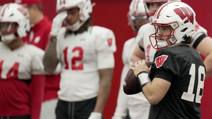 Wisconsin quarterback Danny O’Neill (18) is shown during spring football practice Wednesday, April 23, 2025 in Madison, Wisconsin.

Mark Hoffman/Milwaukee Journal Sentinel