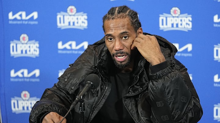 LA Clippers forward Kawhi Leonard (2) addresses the media in a post game press conference following a game against the Toronto Raptors at Scotiabank Arena. 