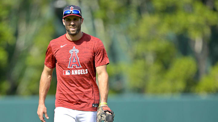 Anaheim, California, USA; Los Angeles Angels center fielder Chris Taylor (33) warms up prior to the game against the New York Yankees at Angel Stadium. Anaheim, California, USA; Los Angeles Angels center fielder Chris Taylor (33) warms up prior to the game against the New York Yankees at Angel Stadium.
